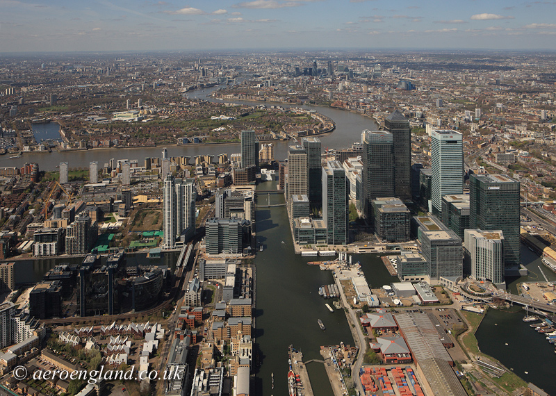 aerial
          photograph of Docklands London inc Canary Wharf